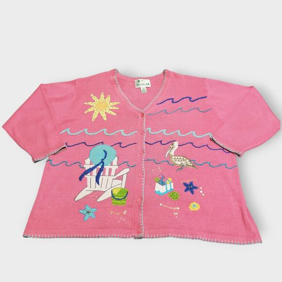 Quacker Factory 3X Button Front Cardigan Summer Beach Pelican Pink Grandmacore - Picture 1 of 15